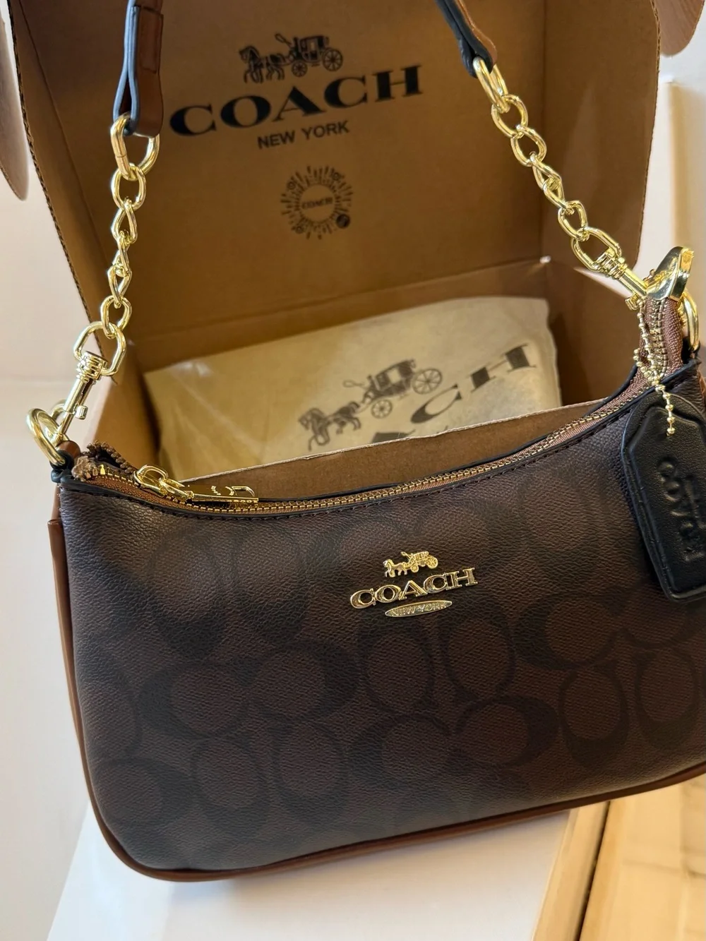 Coach Brown Leather Wristlet with Gold Hardware